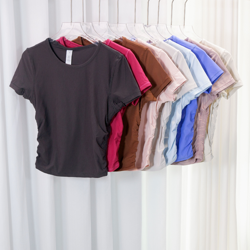 Pilates Yoga Top - Waist-cinching Short Sleeve Slim Fit Ribbed