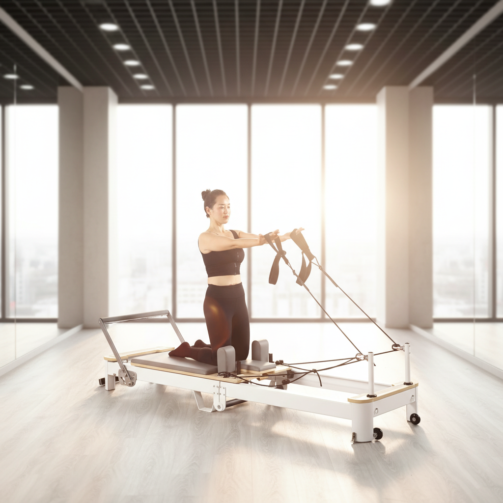 Pilates & Yoga Unleashed International Academy Yonkers - Oak Pilates Reformer, White Aluminum Foldable,